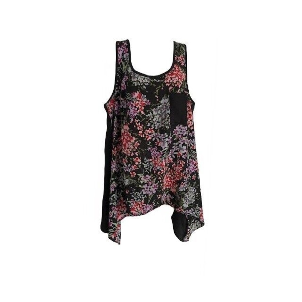 Serenade Women Floral Sleeveless Blouse Size 1X Asymmetrical Chiffon Black Multi